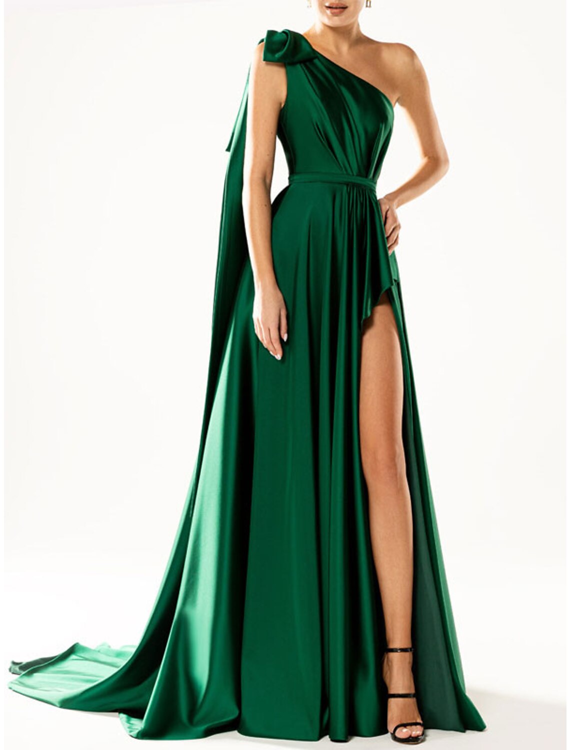 Abito da sera a trapezio, elegante, da festa, da invitata a nozze, con strascico, senza maniche, monospalla in nylon con fiocco/i